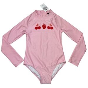 Cotton On Girls Beaded Cherry Strawberry Long Sleeve Pink One Piece Swimsuit UPF